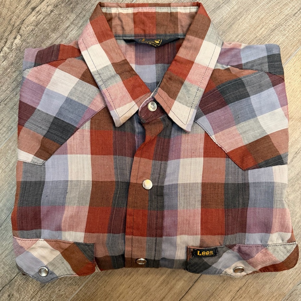 Lee Mens L Plaid Button Up Shirt Pearl Snap‎ Western Yoke USA Union Made Vintage